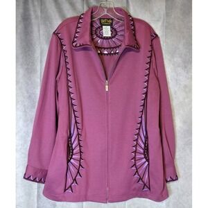 Bob Mackie Embroidered Aztec Western Wearable Art Full Zip Jacket Sweater Mauve